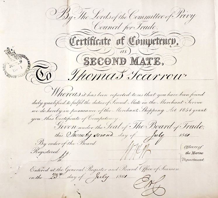Thomas Scarrow's Second Mate Certificate of Competency 1861